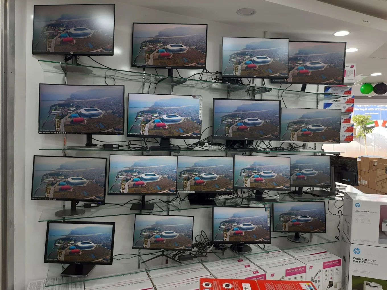 Computer monitors display at Golden Core Computers — AOC, ASUS, LG, ViewSonic screens in stock